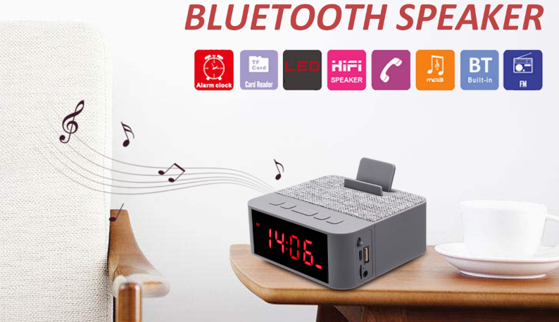 Ασύρματο Ηχείο Bluetooth & Ρολόι με Ξυπνητήρι, Μικρόφωνο Handsfree Ομιλία - Multimedia USB/SD/FM/AUX MP3 Player & Βάση Κινητού